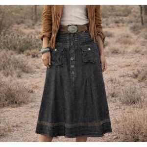 Dark Wash Denim Midi Skirt Size 14 Button Front Dark Academia Boho Western Retro